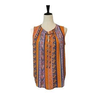 Cynthia Rowley Orange Patterned Tie Pleated Sleeveless Chiffon Blouse Size S